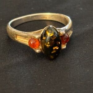 Baltic Amber Sterling Silver Ring Green Amber & Cognac Amber 925